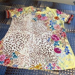 Johnny Was shirt sleeve tee with animal print and flowers.